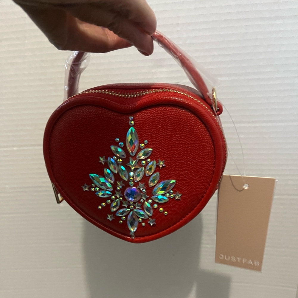 Red Heart-Shaped Bag with Crystal Embellishments Hand Crafted - Picture 4 of 8